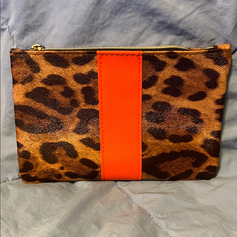 Leopard Print Cosmetic Bag with Vibrant Orange Stripe